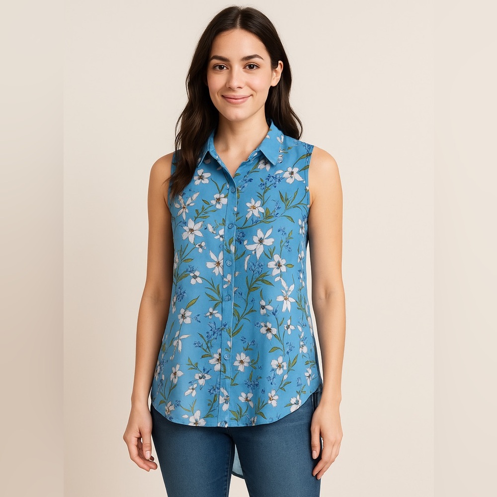 H&M Women’s Sleeveless Floral High-Low Button Front Blouse Blue Size 2